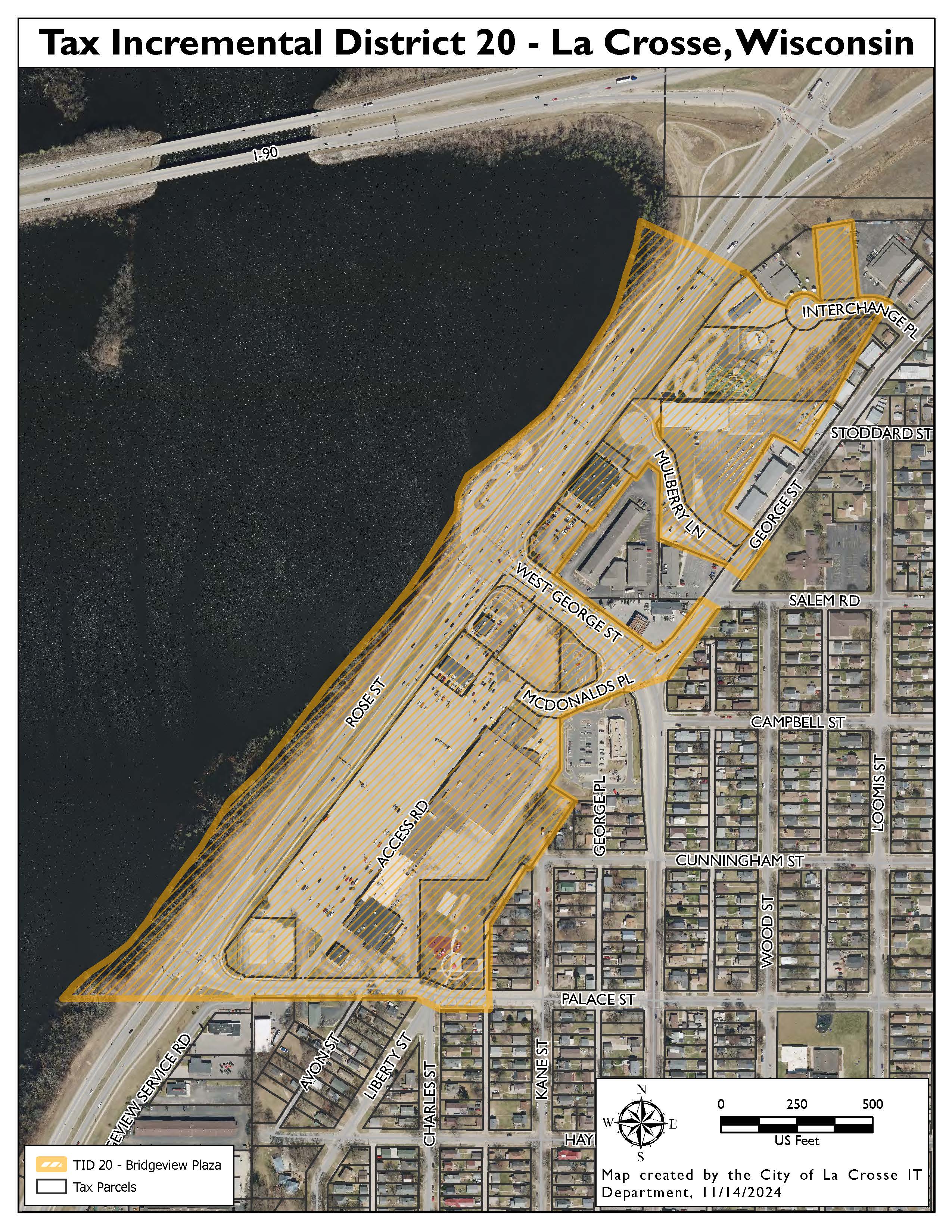 Map of Tax Incremental District 20 in La Crosse, Wisconsin, showing boundaries, streets, and tax parcels. The map was created by the City of La Crosse IT Department on 11/14/2024.
