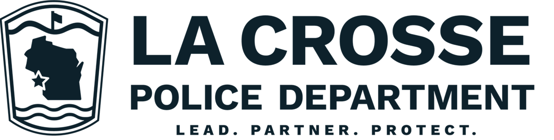 La Crosse Police Department logo with icon showing silhouette of the State of Wisconsin with a star where La Crosse is located all surrounded by a badge shape. Includes the phrase La Crosse Police Department and Lead. Partner. Protect.