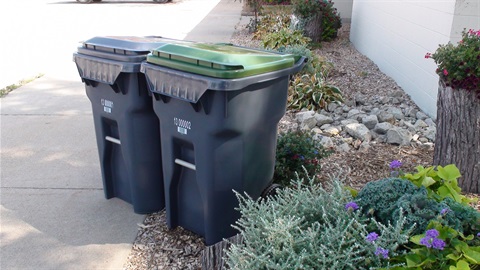 Two dark grey city-service carts with one green lid on the right (recycling) and one grey lid on the left (garbage) sit on a sidewalk next to a landscaped area with rocks and plants.