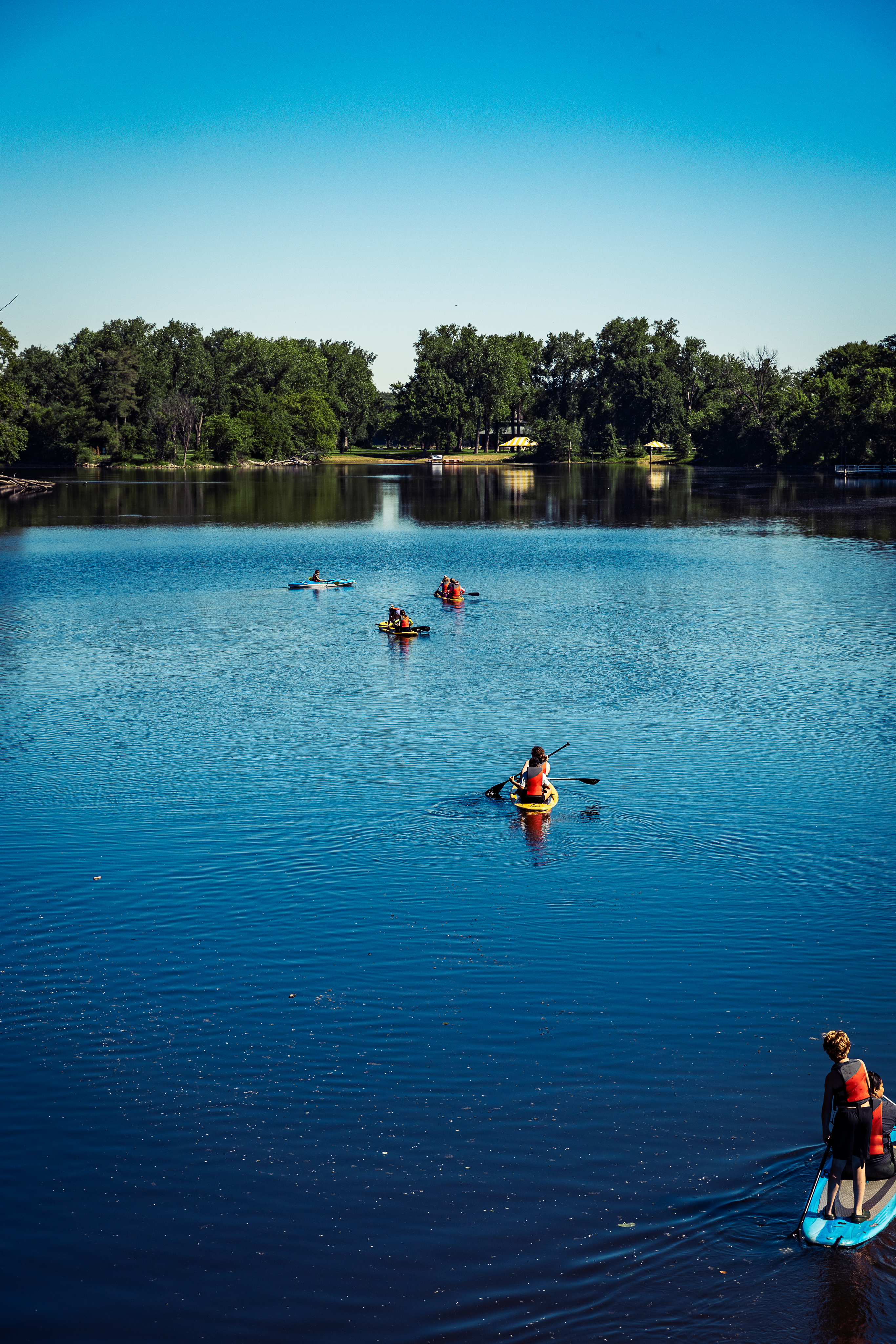 People paddle and swim in a calm river, with a row of green trees and a sunny sky along the shore; a person on a paddleboard is visible in the foreground.